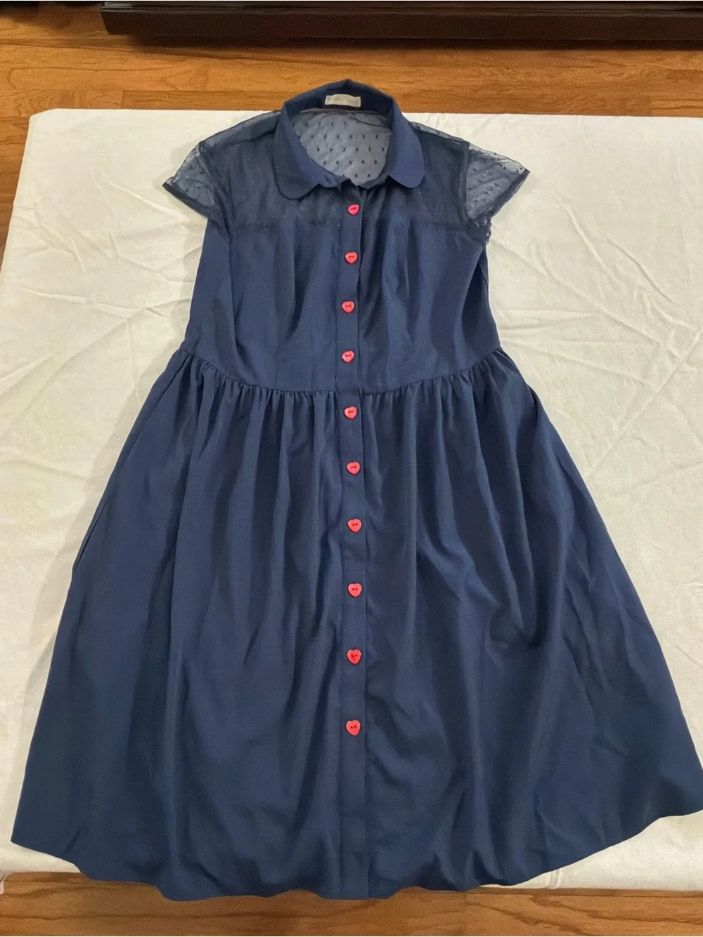 ******* Navy Midi Retro Dress with Pink Heart Buttons b7 *******